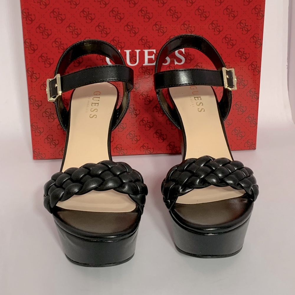 GUESS New w Box Black Leather Platform Wedges, Unworn, Woven detail, Gold Buckle